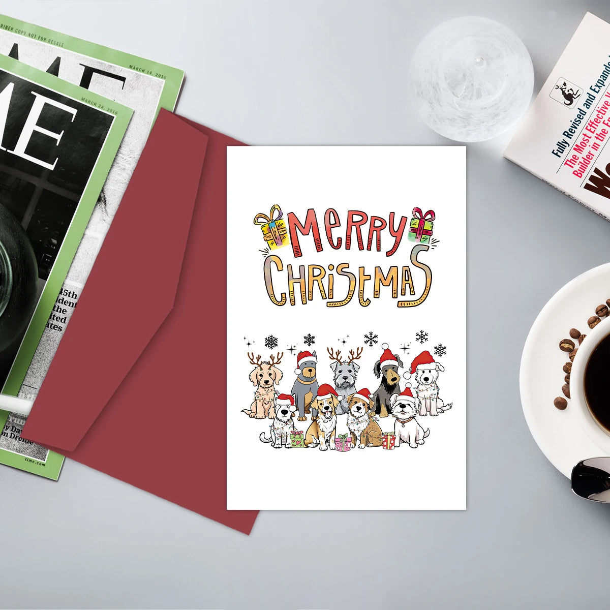 Festive Christmas Dogs Greeting Card,Cute Puppy with Santa Hat & Elk Horns Christmas Cards,Novelty Holiday Gift for Dog Lovers