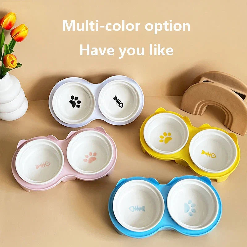 Cat Bowl Ceramic Double Bowl Water Bowl Cervical Protection High Foot Diagonal Cat Food Pot Drinking Pet Dish Pet Supplies