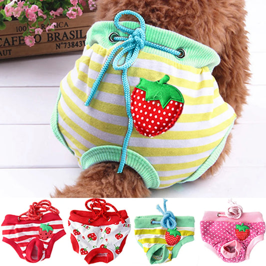 the BERRYCUTE DOG DIAPERS - Pet Dog Diaper, Cute Fruit Print Dog Shorts, Puppy Sanitary Physiological Pants, Washable Female Dog Panties, Underwear Briefs
