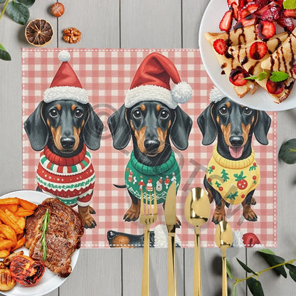 Christmas Snow Fun Dachshund Dog Table Mats for Kitchen Dinner Christmas Tree Coasters Coffee Tea Cup Pads Dish Placemat