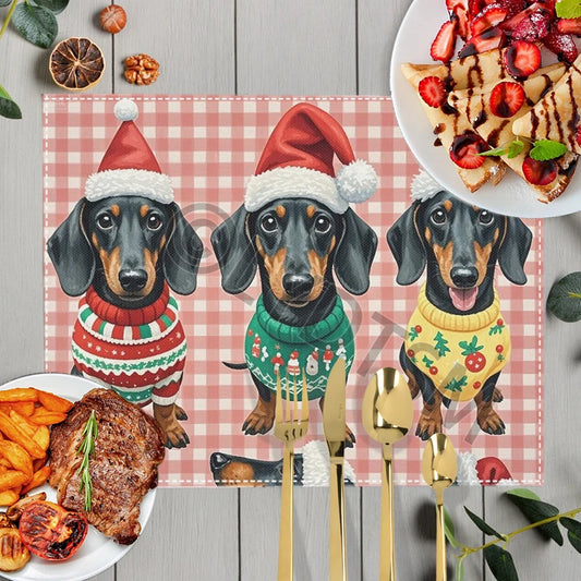 the YULETIDE PUP PLACEMENT - Christmas Snow Fun Dachshund Dog Table Mats for Kitchen, Dinner Christmas Tree Coasters Coffee Teacup Pads, Dish Placemat