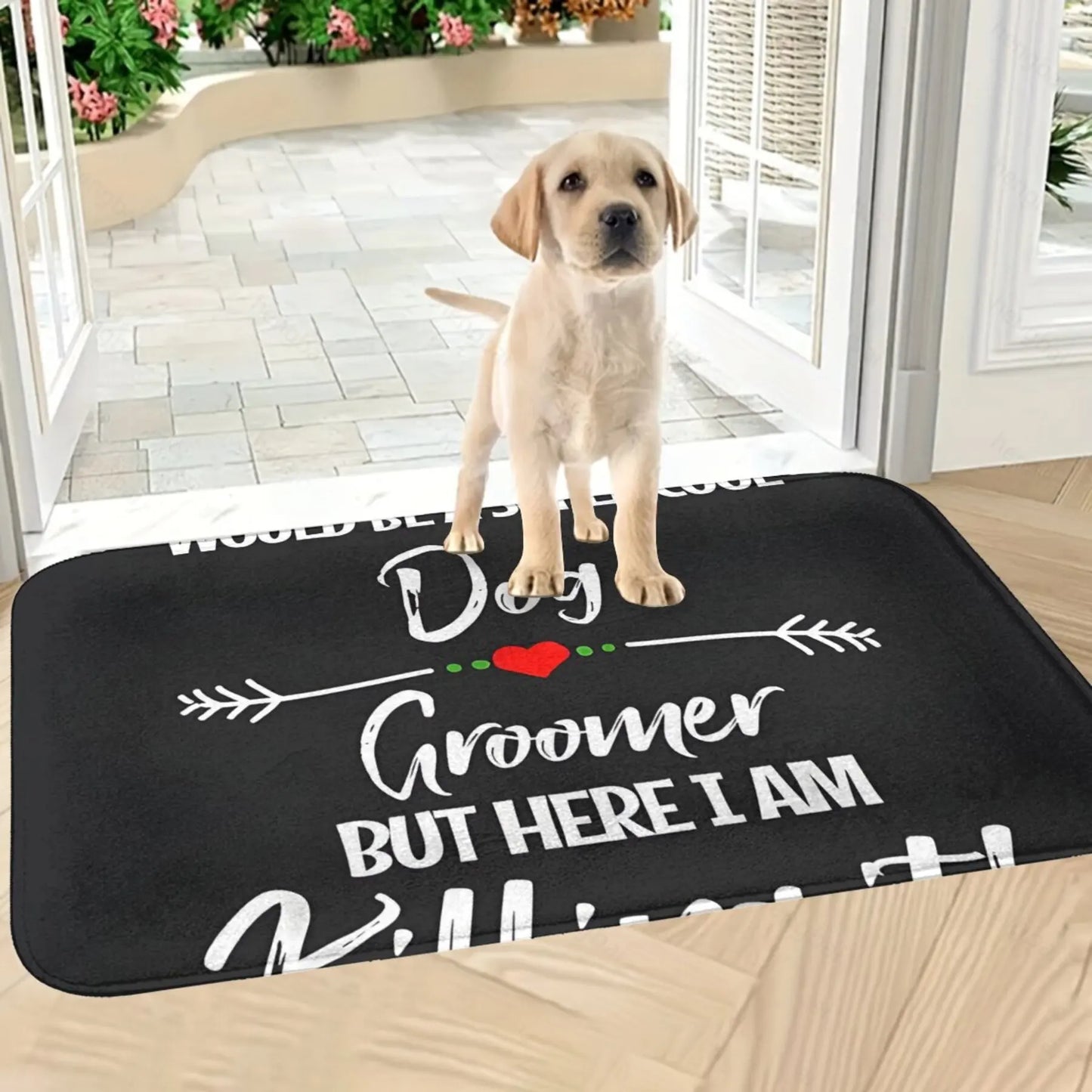 the PAWGROOM WELCOME MAT - 1 Piece, "Dog Groomer" Flannel Doormat, Rectangular, Non-Slip, Machine Washable, Lightweight Polyester, Home Decor