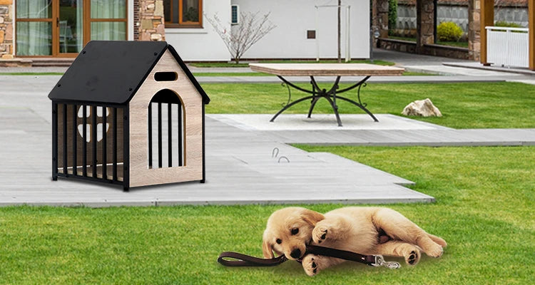 the HAPPY DOGGY - Modern Luxury Wooden Doghouse, Pet Kennel and Dog/Cat Nest with Animal Pattern, Metal Material