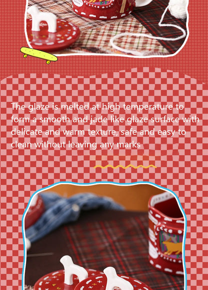 Cartoon Cute Ceramic Mug Dog Red Cup Lid Creative Christmas Water Cup Kitchen Accessories Coffee Cup Dust Cover Holiday Gift