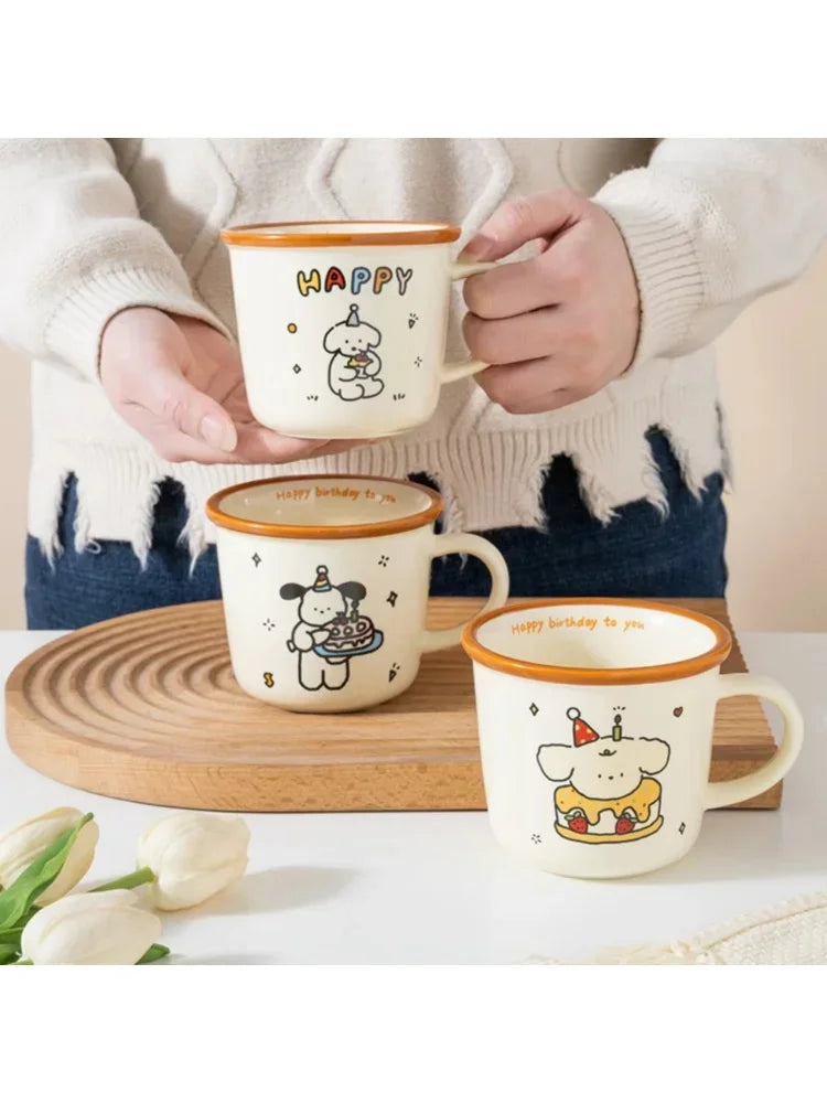 1Pcs Ins Cute Happy Bear Ceramic Mug Kawaii White Puppy Cartoon Coffee Mug Fashion Vintage Afternoon Tea Cup Pair Couple Gift