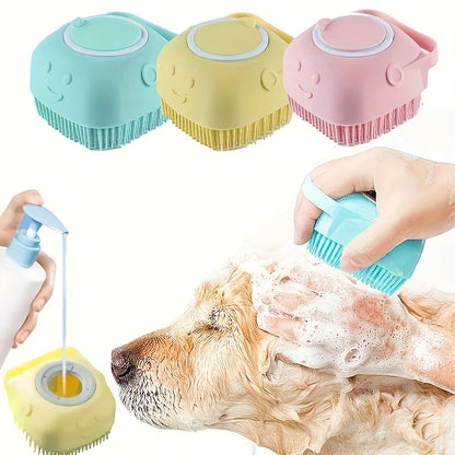 Silicone Soft Rubber Pet Massage Shower Brush with Builtin Shampoo Storage Self Cleaning Detangling for Dogs Cats Grooming Brush