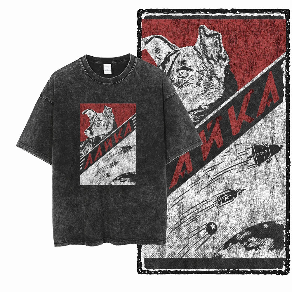the SPACE TRAILBLAZER - DCA Laika Dog Printed Acid Washed Cotton Streetwear Exclusive Graphic Unisex T-Shirt, Cool Vintage Men T-Shirts
