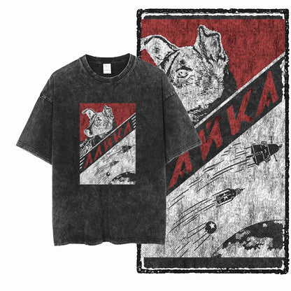 the SPACE TRAILBLAZER - DCA Laika Dog Printed Acid Washed Cotton Streetwear Exclusive Graphic Unisex T-Shirt, Cool Vintage Men T-Shirts