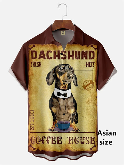 the HOT DOG DACHSHUND - Funny Cartoon Hot Dog Dachshund Graphic Shirts, Men/Women 3D Printed Casual Vacation Hawaiian Short Sleeve Shirts, Button Blouse