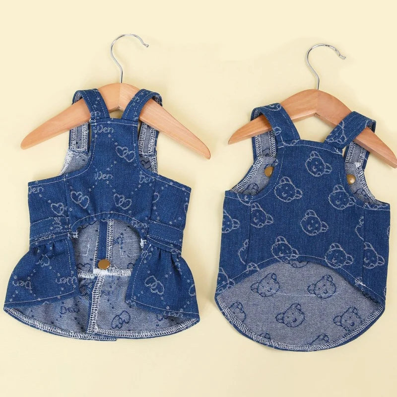 Small Dogs Clothes Designer Luxury Puppy Summer Clothes Girls Cat Dresses,Love Jeans Harness Vest Denim Dress One Piece S-XXL