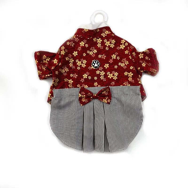 Adorable Brocade Pet Kimono Dress Japanese Style Pet Dress Floral Bowknot Pet Costume for Dogs Cats