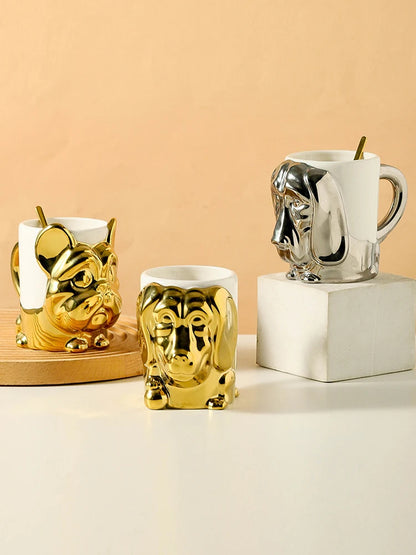 1pc Creative Stereo Dog Coffee Cup Cartoon Animal Tea Cup Gold Plated Silver Dog Ceramic Mug Couple Gift Oatmeal Mug Home Decor