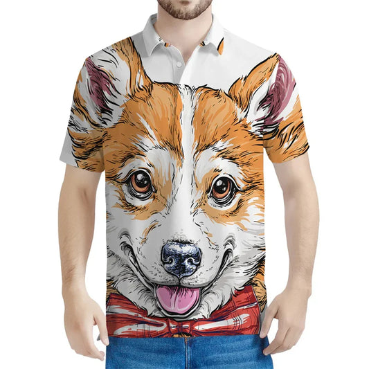 the CORGI CLUB - Cartoon Corgi Dog Graphic Polo Shirt for Men, Summer 3D Printed Pets Animal Tee Shirts, Button Short Sleeves Street Lapel T-Shirts
