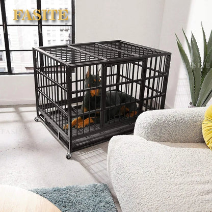 the IRON MAIDEN DOG CRATE - 48/38 Inch Heavy Duty Dog Crate, Cage Kennel with Wheels, High Anxiety Indestructible, Sturdy Locks Design, Door and Removable