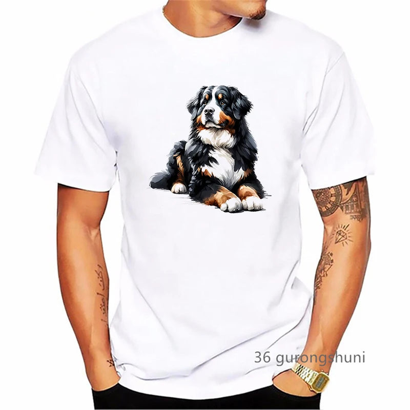 the BERNESE - Bernese Mountain Dog Animal Printed T-Shirt, Men's Clothing Funny White T-Shirt, Homme Summer Fashion T-Shirt