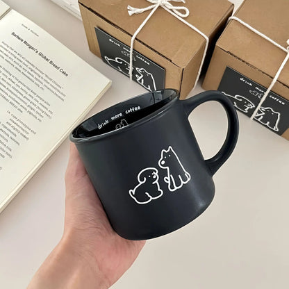 Premium Frosted Small Dog Mark Cup, Korean INS Breakfast Coffee Cup, Ceramic Cup Black and White Couple Cup Gift Box Set