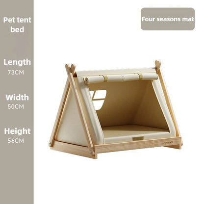 Indoor Dog Tent Pine Wood Dogs Tents Beds Cushion Removable Breathable Dog House Closed Moisture-proof Pet Cat Double Door Tent