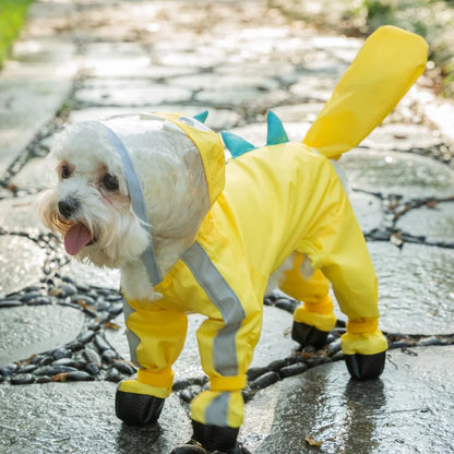 the YELLOW DINOSAUR - Small Dog Raincoat, Pet Four Foot Waterproof Full Wrap, Teddy Bichon Schnauzer Puppy Raincoat with Feet, Casual Dog Clothes