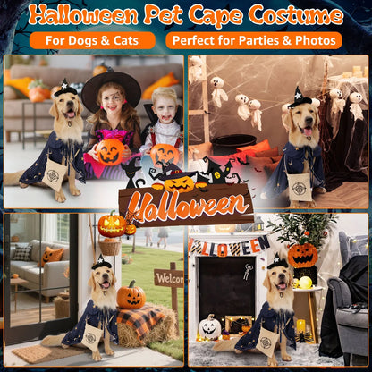 Deluxe Dog Halloween Outfit with Attached Treat Pocket Cape and Matching Hat for small middle Large Breeds