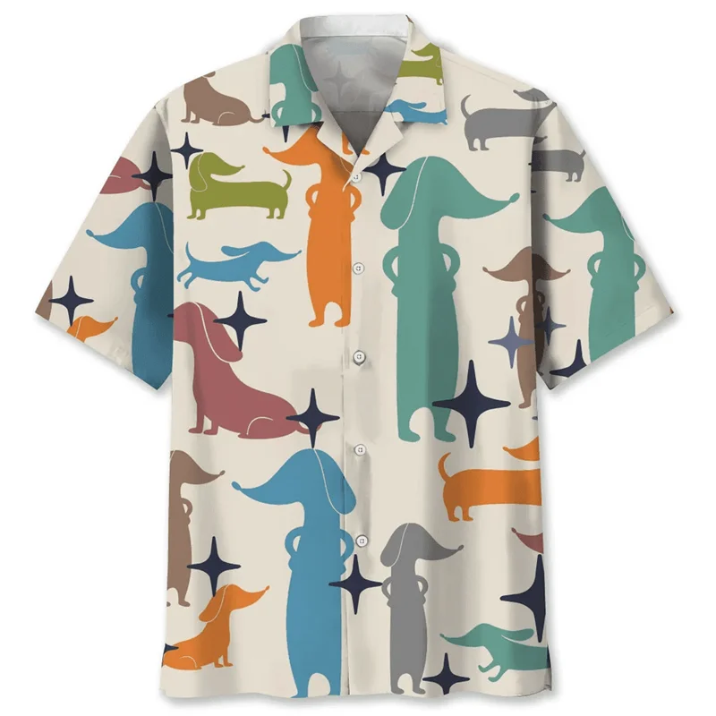 the DACHSHUND DOG DAY - Cartoon Dachshund Dog 3D Printed Shirt for Men, Animal Pets Graphics Short Sleeves Hawaiian Shirts, Tops Loose Lapel Blouse