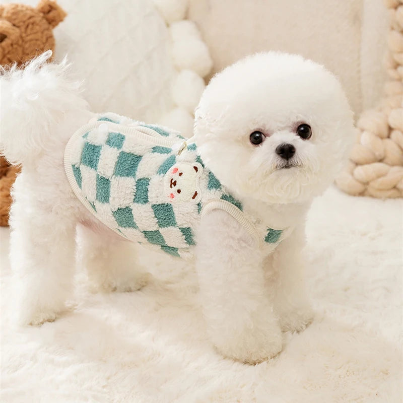 Winter Cat Dog Clothes with Buckle Sweet Bear Print Pet Plush Sweater for Small Dogs Pomeranian Chihuahua Puppy Button Jacket