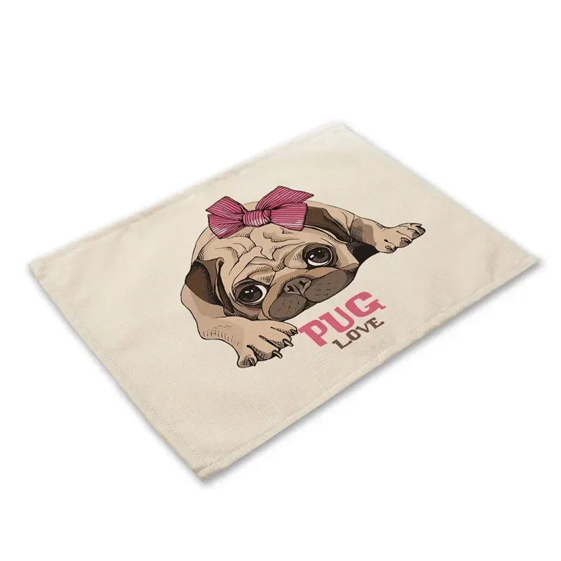 Pug Dog Pattern Cotton Linen Pad Dining Table Mats Coaster Bowl Cup Mat Pattern Kitchen Placemat 40*30cm Home Decor