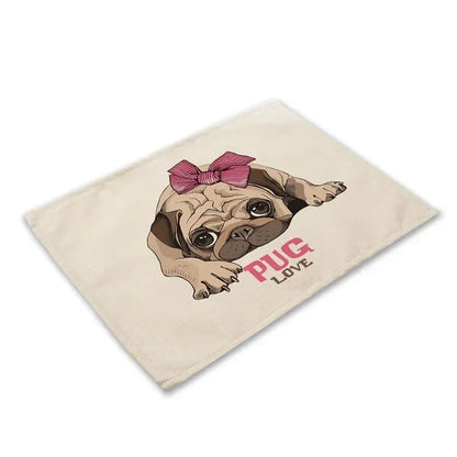 Pug Dog Pattern Cotton Linen Pad Dining Table Mats Coaster Bowl Cup Mat Pattern Kitchen Placemat 40*30cm Home Decor