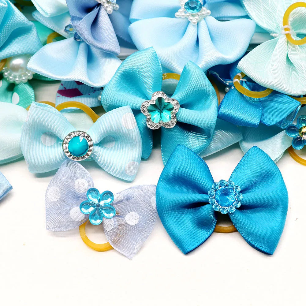 the BLUE GEM BOWKNOTS - Small Dog Bows, 10/20PCS Movable Dog Bows with Rubber Bands, Pet Hair Accessories for Dogs, Blue Series Pet Bowknots, Dog Supplies