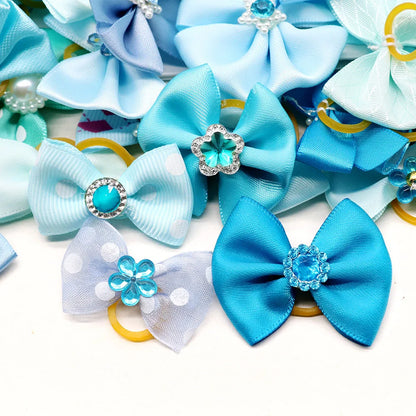 the BLUE GEM BOWKNOTS - Small Dog Bows, 10/20PCS Movable Dog Bows with Rubber Bands, Pet Hair Accessories for Dogs, Blue Series Pet Bowknots, Dog Supplies
