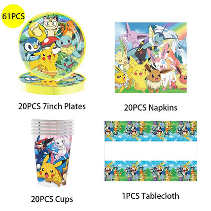Pikachu Birthday Pokemon Party Decorations Pikachu Foil Balloons Disposable Tableware Plate Napkin Banner For Boy Party Supplies