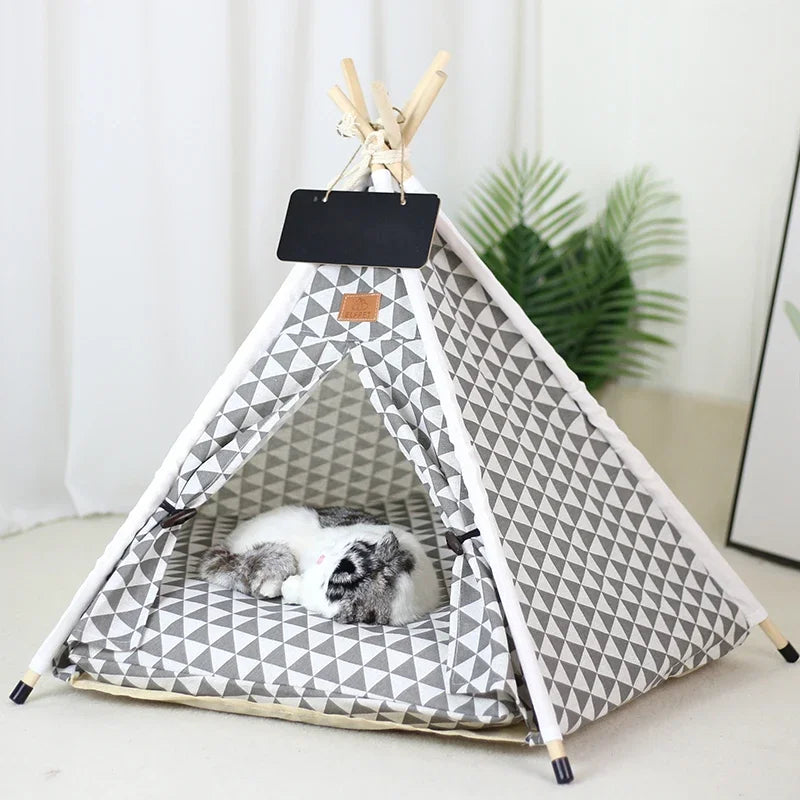 the TINY TEE-PEE - Pet Tent Dog/Cat Nest, Washable Doghouse Cat Tent, Semi Enclosed Insulated Cat/Doghouse, Foldable Dog/Cat Villa with Cushion and Blackboard