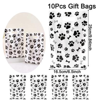 10/20/50pcs Dog Paw Black White Gift Bags with Handle - Plastic Animal Theme Party Decoration Candy Goodie Bags for Pet Treats