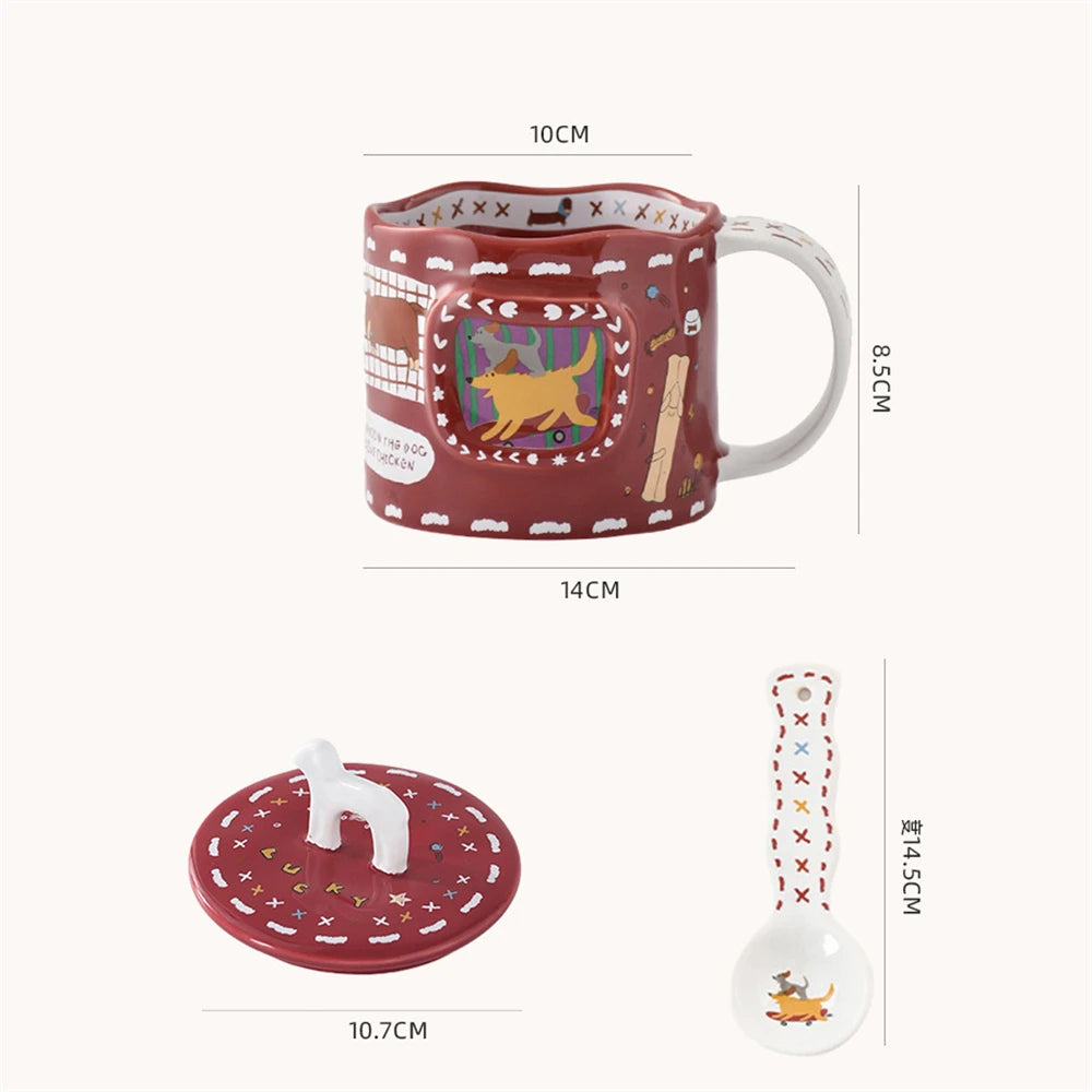 Cartoon Cute Ceramic Mug Dog Red Cup Lid Creative Christmas Water Cup Kitchen Accessories Coffee Cup Dust Cover Holiday Gift