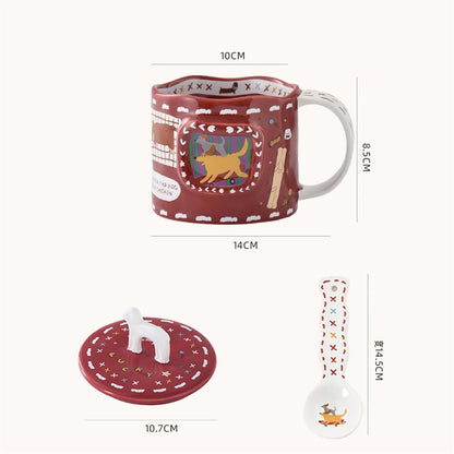 Cartoon Cute Ceramic Mug Dog Red Cup Lid Creative Christmas Water Cup Kitchen Accessories Coffee Cup Dust Cover Holiday Gift