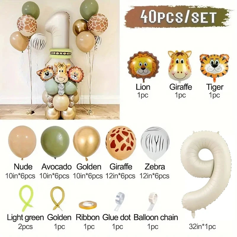 40 Pieces Jungle Retro Animal Balloons for Kids Birthday Number 12345 Gender Reveal Party Decoration Set Digital Birthday Ball