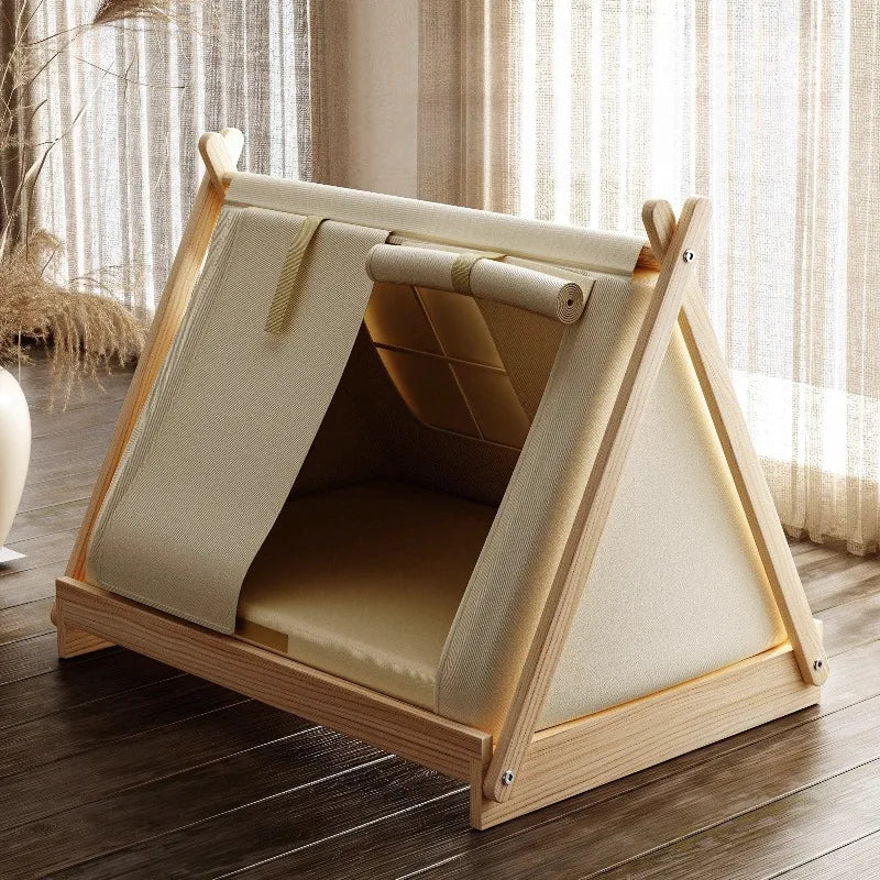 Indoor Dog Tent Pine Wood Dogs Tents Beds Cushion Removable Breathable Dog House Closed Moisture-proof Pet Cat Double Door Tent