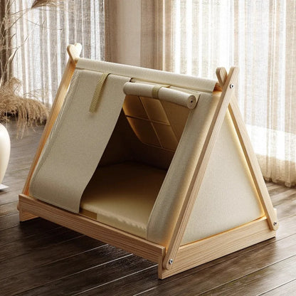 Indoor Dog Tent Pine Wood Dogs Tents Beds Cushion Removable Breathable Dog House Closed Moisture-proof Pet Cat Double Door Tent