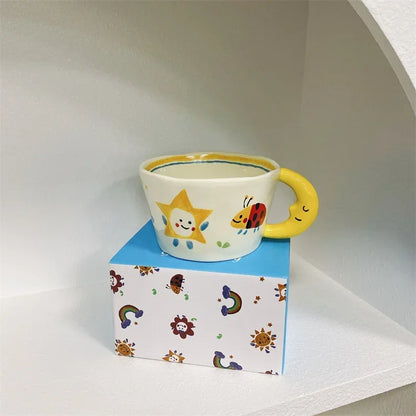 300ml Creative Cartoon Ladybug Dog Pattern Coffee Cup with Moon Handle Ceramic Mug Breakfast Milk Cups for Kids Birthday Gift