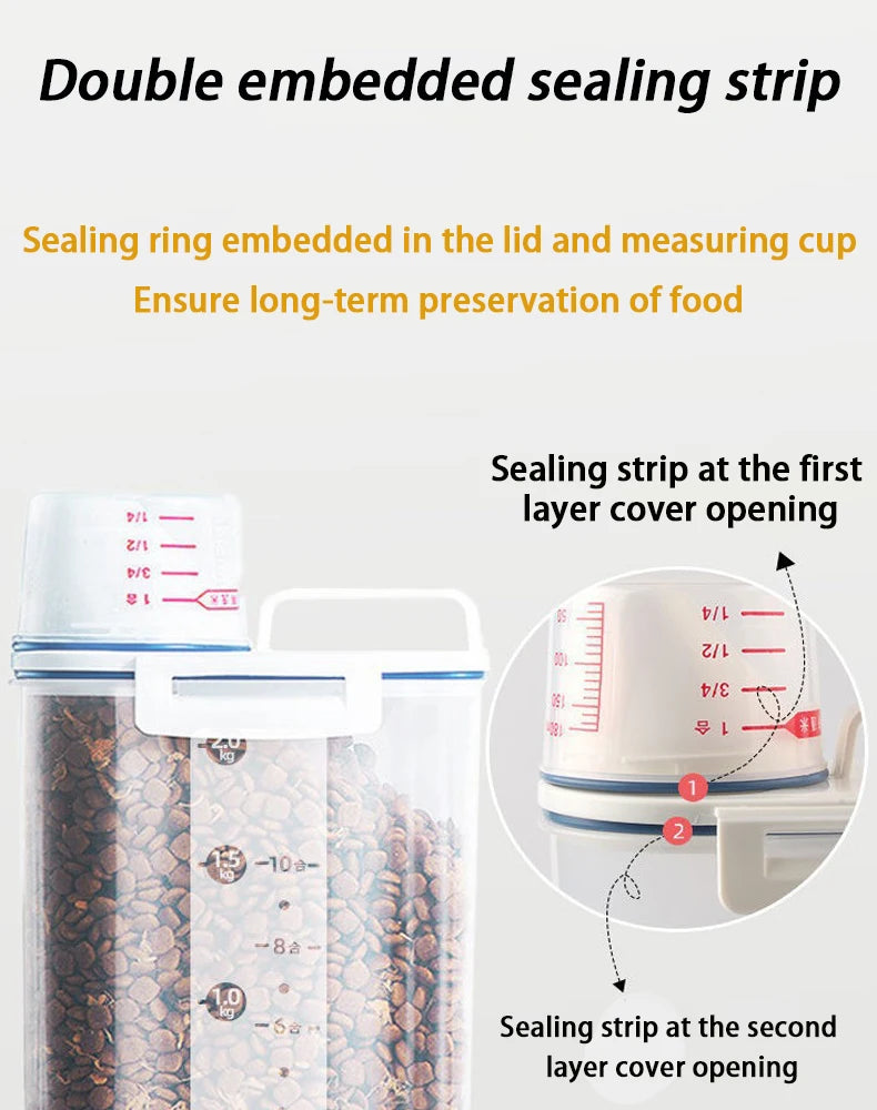 1.5L/2L Dog Cat Food Pail Plastic Storage Tank with Measuring Cup Container Moisture-proof Sealed Jar Pet Supplies Accessories