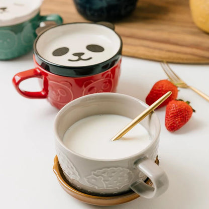 Ceramic Coffee Mug With Lid Japanese Cartoon Animal Pattern Breakfast Cup Mug Milk Cup