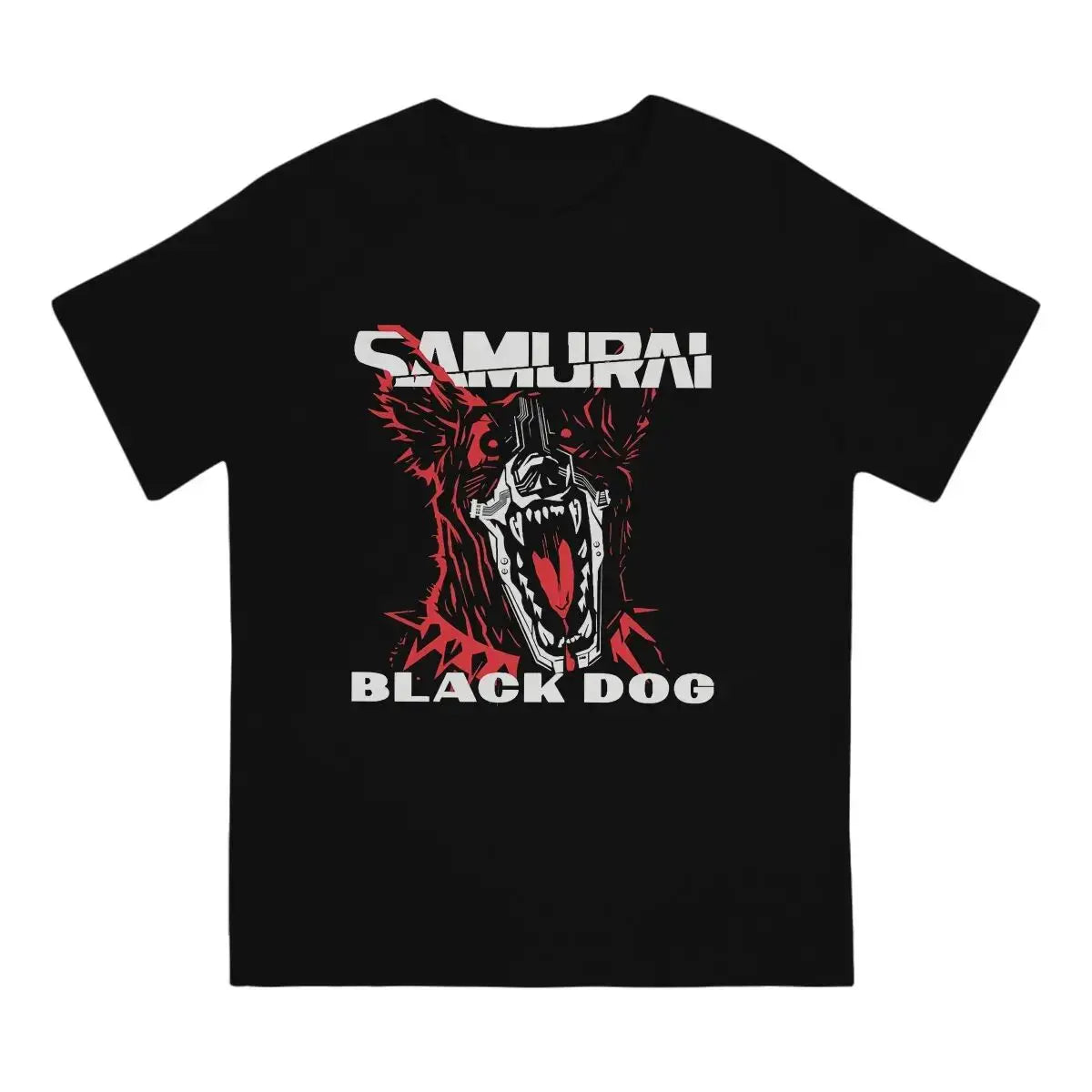 the BLACK DOG SAMURAI - Black Dog T-Shirt, Pure Cotton Novelty T-Shirt, Round Collar Cyber Samurai Punk Tee Shirt, Short Sleeve Clothes Graphic Printed