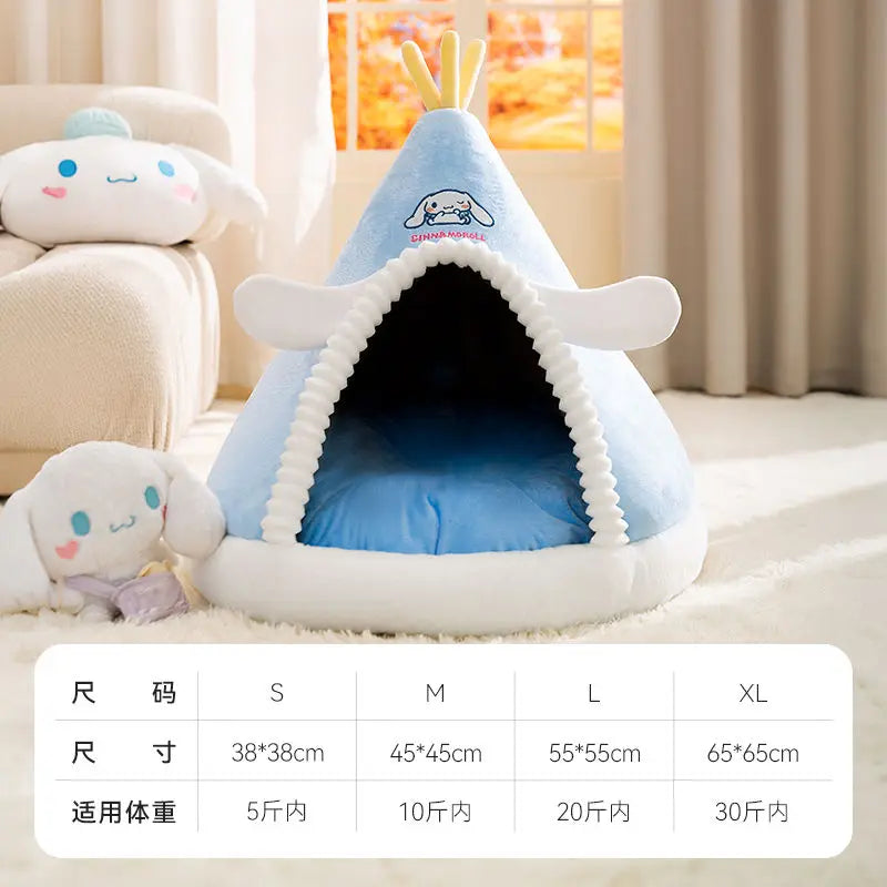 Kawaii Sanrio Cinnamoroll Dog Beds Cute Cat Mats Kennel Winter Warm Enclosed Safe House Removable Washable Sleeping Mat
