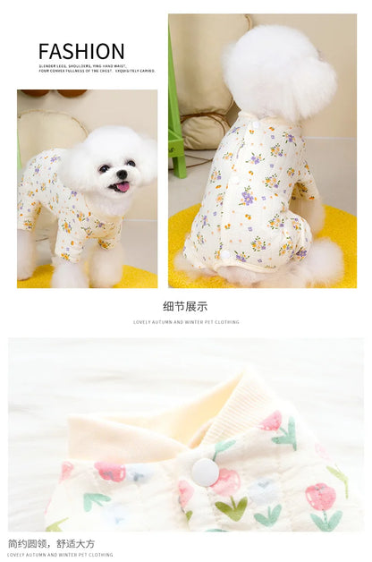 Dog Clothes Autumn and Winter Floral Double-layer To Protect The Belly Four Legged Small Dog Teddy Bear Pet Puppy Clothes