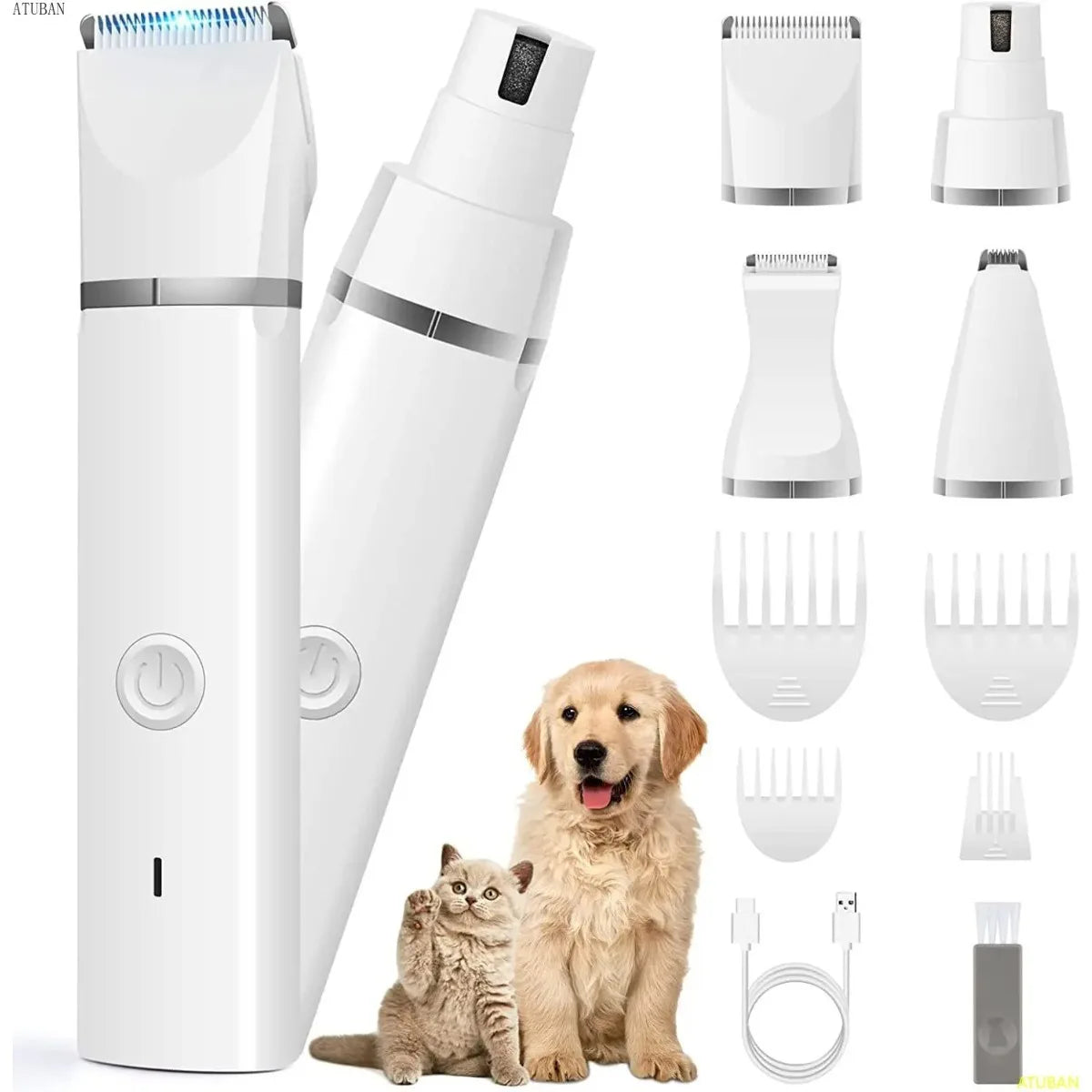 ATUBAN Dog Clippers Grooming Kit Hair Clipper-Low Noise Paw Trimmer-Cordless Quiet Nail Grinder Shaver for Cats and Other Pets