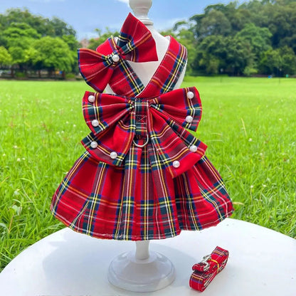 Pet Dog Cat JK Dresses Strap Bow Tie Harness Leash Dog Clothing Skirt Cat Pet Clothing Cosplay Christmas Checker Clothes