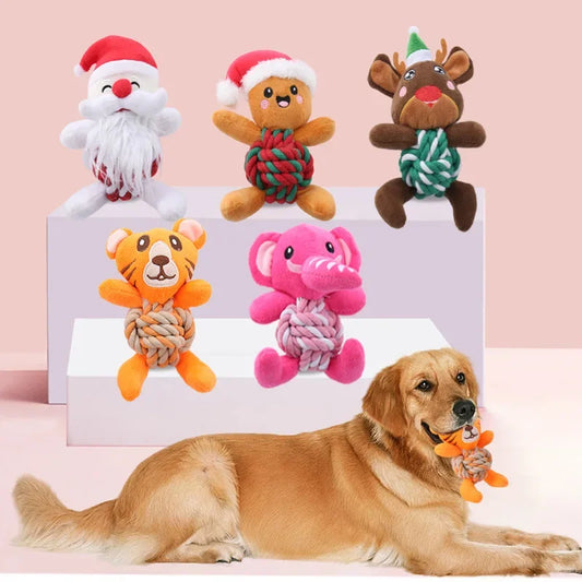 the MERRY PLUSH MUNCHERS - Christmas Plush Dog Toys with Cotton Rope & Squeakers, Chew Resistant Animal Dental Toys for Puppies, Teething Chew Toys