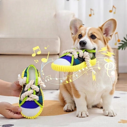 the BITESTRIDE SQUEAKY - Dog Squeak Toy, Teeth Grinding Bite Resistant Slippers Shape Puppy Chew Toy with Cotton Rope, Pet Chewing Toys, Dog Toys