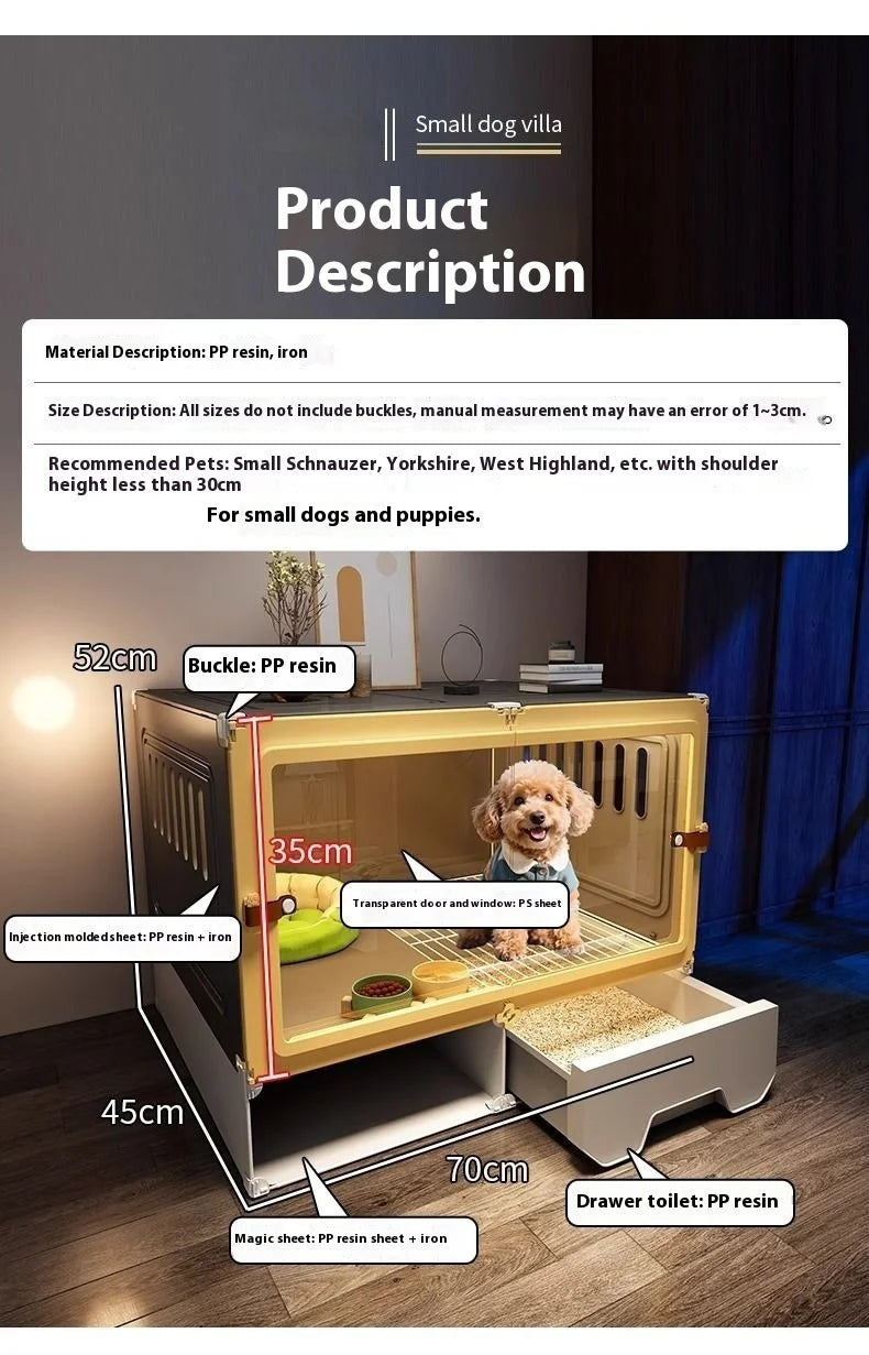 the LUXURY PET VILLA - Luxury Metal Small Dog Crate: 1-Bed-1-Living-1-Bath Villa, Separated Toilet, Indoor Integrated Doghouse/Cathouse