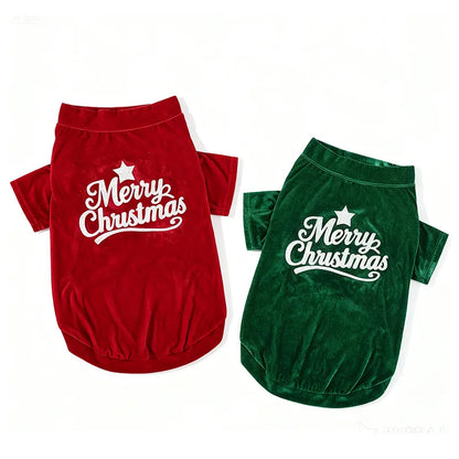 the MERRY WOOFMAS SWEATER - Christmas Velvet Dog Sweatshirt, “Merry Christmas” Print, Warm Soft Pullover, Red/Green, Sizes S–6XL for Small to Large Dogs