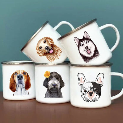 Cute Dog Printed Enamel Coffee Tea Mugs Office Home Party Beer Drink Cola Cups Funny Handle Camping Water Mug Best Friend Gifts